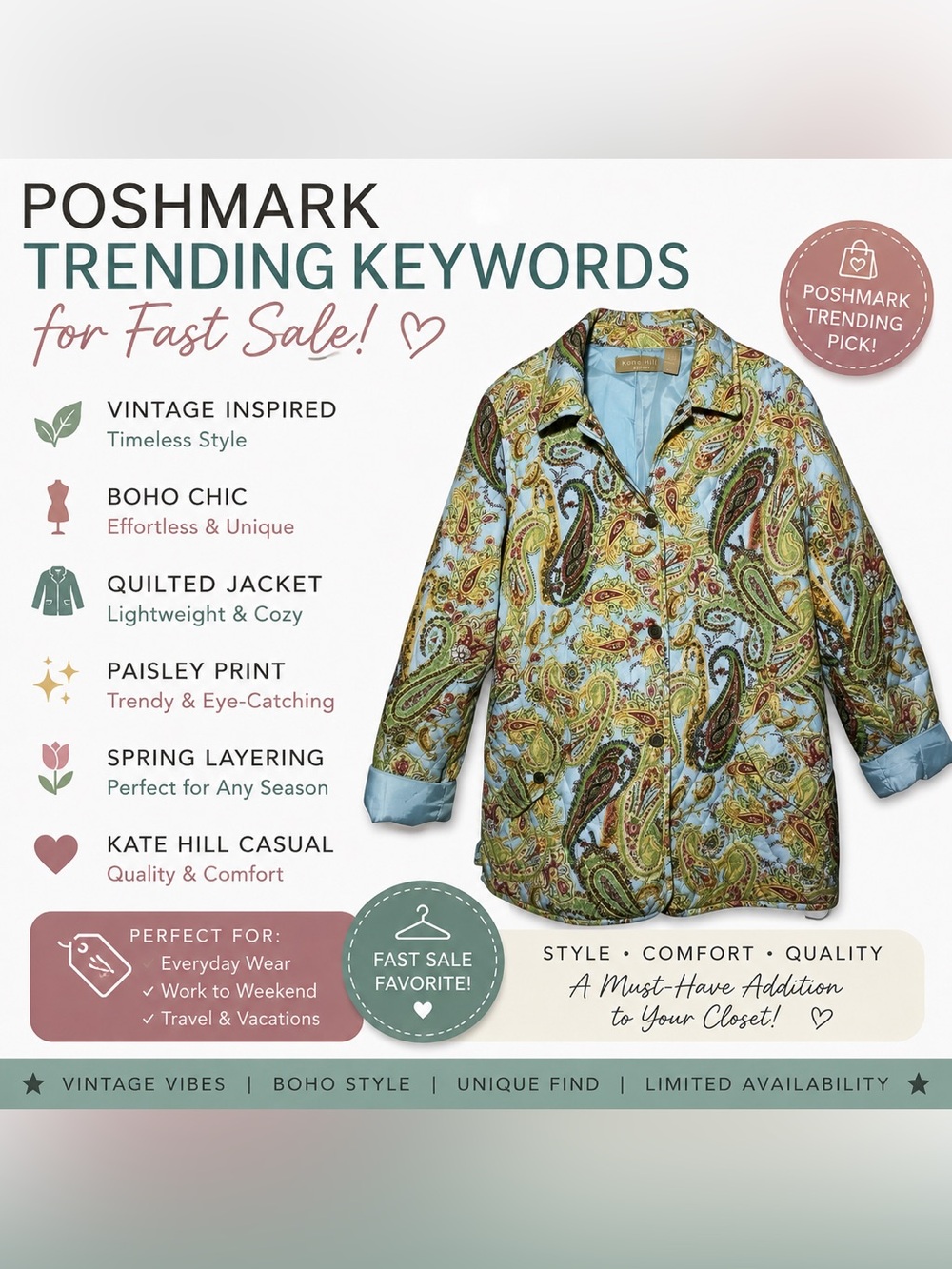 Kate Hill Paisley Quilted Jacket Medium Boho Cottagecore Lightweight Spring